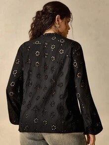 Nubod Black Embroidered Plus Size Women's Notch V-Neck Lantern Sleeve Blouse Fall - Black - View 5