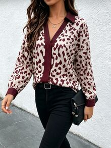 EMERY ROSE Plus Size Women's Leopard Print Patchwork Solid Color V-Neck Long Sleeve Blouse, Designed Style, Suitable For Autumn/Winter, Vacation, Outing, Commuting And Various Occasions - Multicolor - View 3