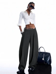 LYSMO Women's Fashion Lace Patchwork Tie-Up Loose Long Pants - Light Grey - View 3