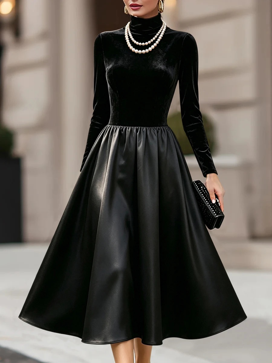 Balvessa Women's Elegant Solid Color Velvet Splice Satin Waist A-Line Dress Fall/Winter Multiple Occasions - Black - View 1
