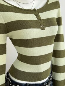Elamini Women's Autumn/Winter Striped Colorblock Button Placket Fitted Flared Sleeve Casual Knit Sweater - Army Green - View 6