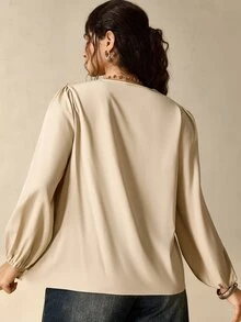 Nubod Plus Size Elegant Lace Patchwork V-Neck Draped Long Sleeve Blouse - Khaki - View 2