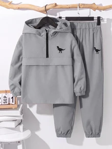 SHEIN 小男孩恐龍印花兒童半拉鍊連帽秋季外套與長褲套裝 - 灰色 - 查看 1