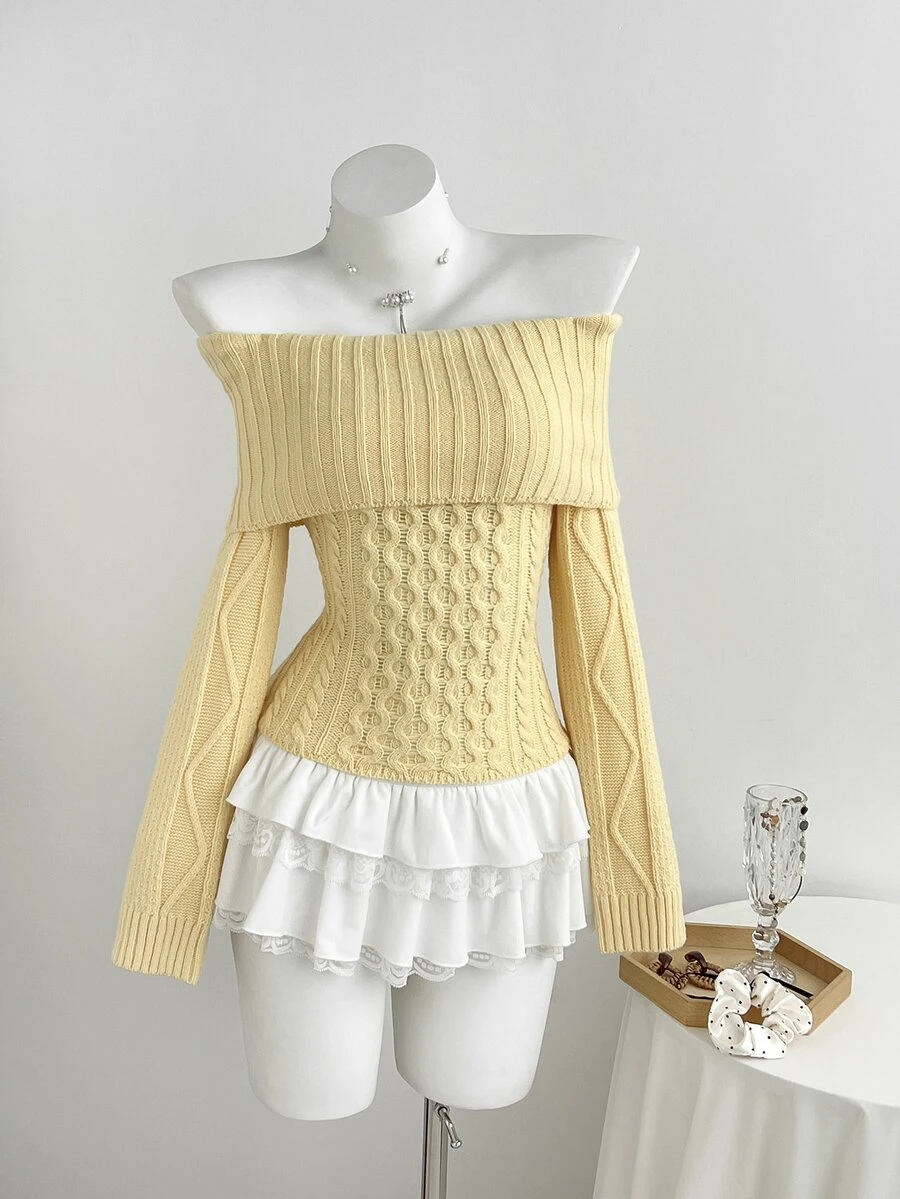 Elamini Women's Autumn/Winter Off-Shoulder Striped Cable Knit Large Collar Slim Fit Versatile Sweet Vibe Knit Sweater - Light Yellow - View 1