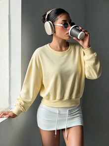 Dewbera Dewbera Women's Solid Color Round Neck Drop Shoulder Long Sleeve Sports Casual Cropped Sweatshirt - Yellow - View 5