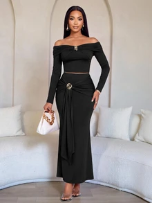 SOLERSUN Women's This Two Pieces Set, Featuring A Textured Knit Off-The-Shoulder Long-Sleeved Top And A Fitted, Flowing Maxi Skirt - Black - View 2