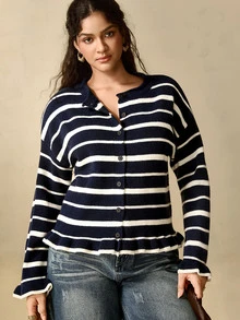 Nubod Plus Size Knitted Crew Neck Colorblock Button Rolled Hem Long Sleeve Sweater Casual Comfortable - Multicolor - View 3