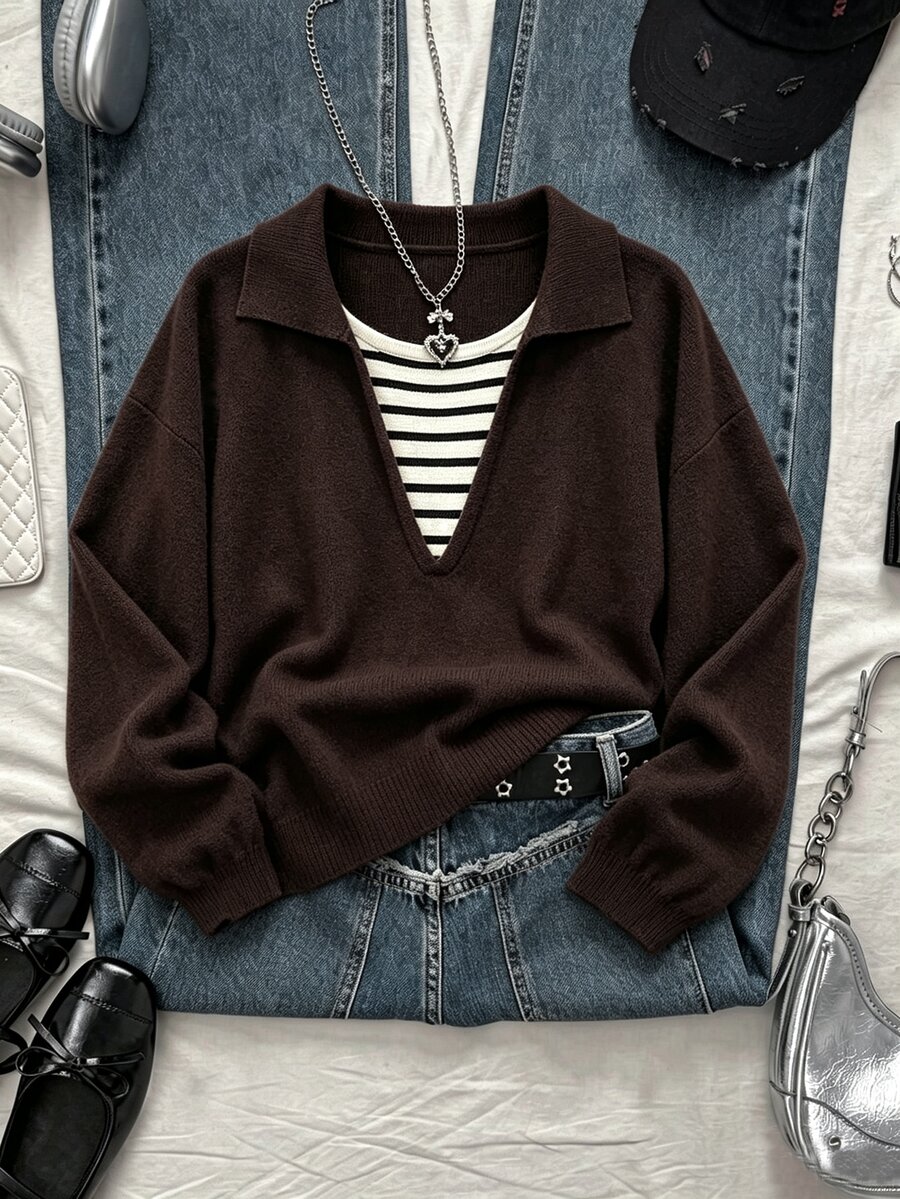 Sweetra Brown 2 In 1 Striped Patchwork Loose Casual Fashion Commute Slouchy Pullover Sweater For Women - Coffee Brown - View 1