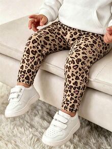 Baby Girl Versatile Elastic Waist Leggings/Pants/Tights, Sweet Cool Leopard Print Digital Pattern With Heart Design, Casual Comfortable Versatile Bottoms For Spring, Summer, Autumn - Multicolor - View 1