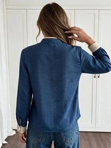 Louniche Women's New Chinese Style Stand Collar Contrast Trim Minimalist Commuter Design Blouse - Navy Blue - View 2