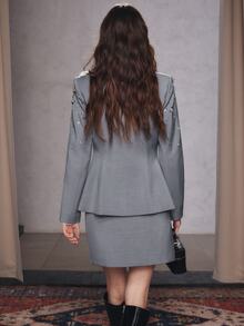 Anewsta Women's Elegant Heavy Beaded & Rhinestone Hand-Embellished Blazer + Skirt 2 Pieces Set - Grey - View 7