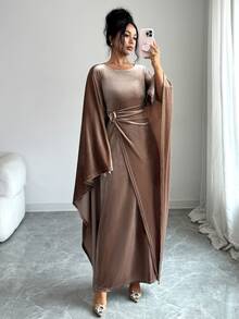 SHEIN Elenzya Women's Solid Color Metal Decor Casual Party Dress - Brown - View 4