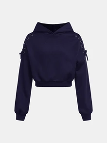 SHEIN Girlism 兒童青少年女孩秋冬萬聖節時尚街頭風黑色貓耳連帽長袖抽繩套頭運動衫 - 藍色 - 查看 5