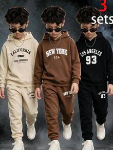 SHEIN 6件組 青少年男孩休閒寬鬆字母圖案圓領連帽長袖上衣與運動長褲套裝，2件式穿搭，多件裝，適合通勤、上學、日常休閒、外出、運動，秋冬返校季 - 彩色 - 查看 5