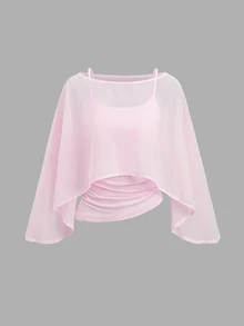 Sweetra 2 Pieces Chiffon Cape-Style Outerwear Set With Boat Neck, Ruched Elastic Waist Camisole Inner, Elegant Beige Outfit For Office, Commute, Casual And Date Wear - Pink - View 1