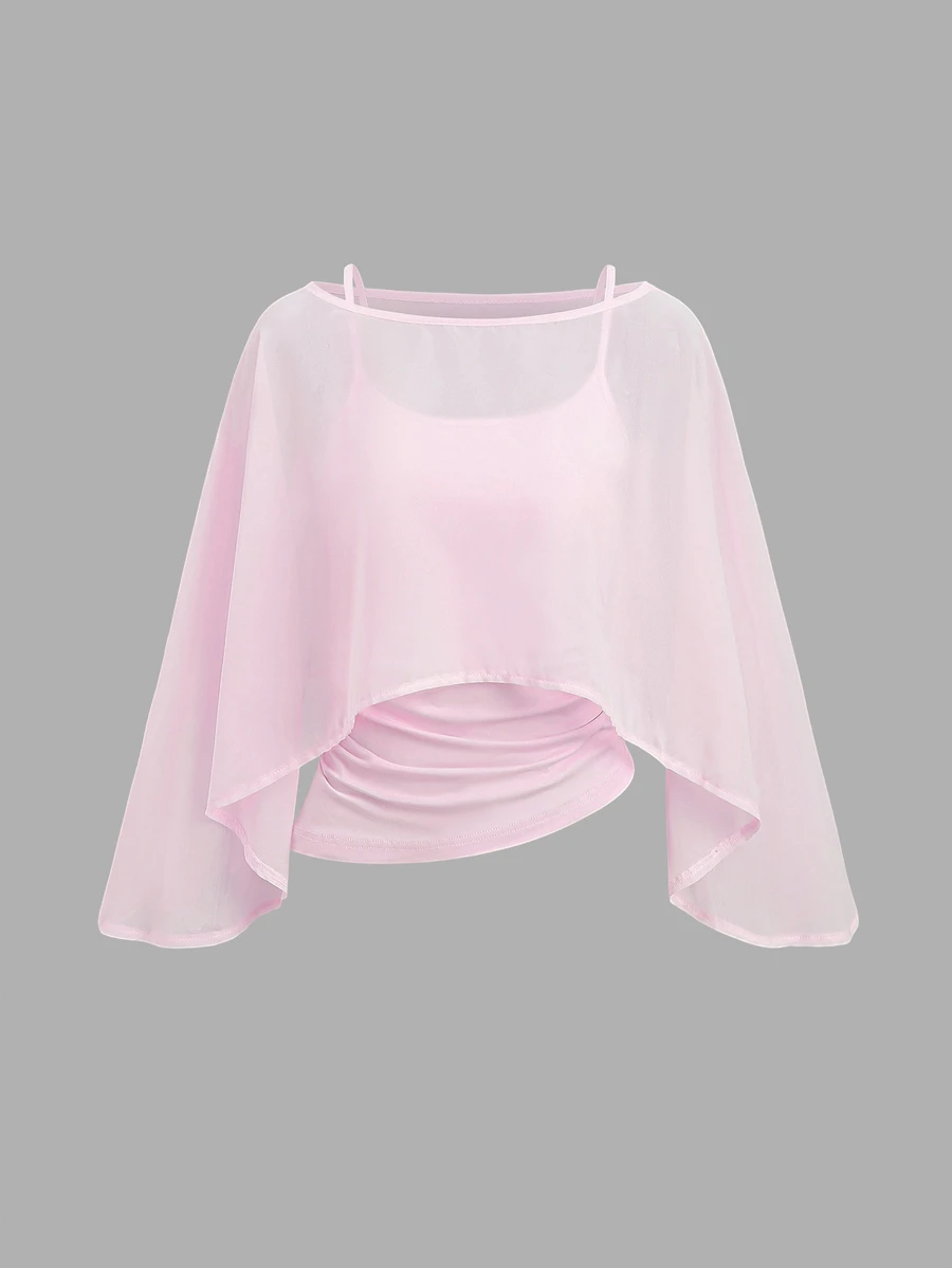 Sweetra 2 Pieces Chiffon Cape-Style Outerwear Set With Boat Neck, Ruched Elastic Waist Camisole Inner, Elegant Beige Outfit For Office, Commute, Casual And Date Wear - Pink - View 1