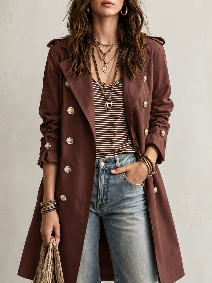 SHEIN LUNE Women's Vintage French Classic Elegant Fall Versatile Fashion Trench Coat Suitable For Daily Wear Commuting Office Dark Brown - Brown - View 1