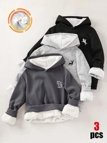SHEIN 3件組買2送1兒童青少年男孩休閒百搭保暖內裡加厚運動衫，黑色運動衫、深灰色運動衫、麻灰運動衫，百搭上衣，適合秋冬、學校、運動、秋季穿搭、冬季穿搭 - 彩色 - 查看 2