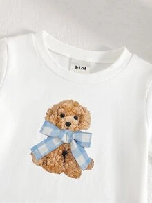 SHEIN طقم ملابس للبنات الصغيرات بتصميم جرو لطيف، ملابس علوية علوية مطاطية & بنطلون كاجوال مربعات بساق مستقيمة، مناسب للشتاء - ازرق وابيض - مشاهدة 3