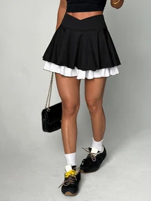 StreetHx Women's Stylish Color-Block Athletic Skort Featuring A Crossover Waist, Pleated Ruffles, Built-In Shorts, And PocketsSpring/Summer Style. - Black - View 3
