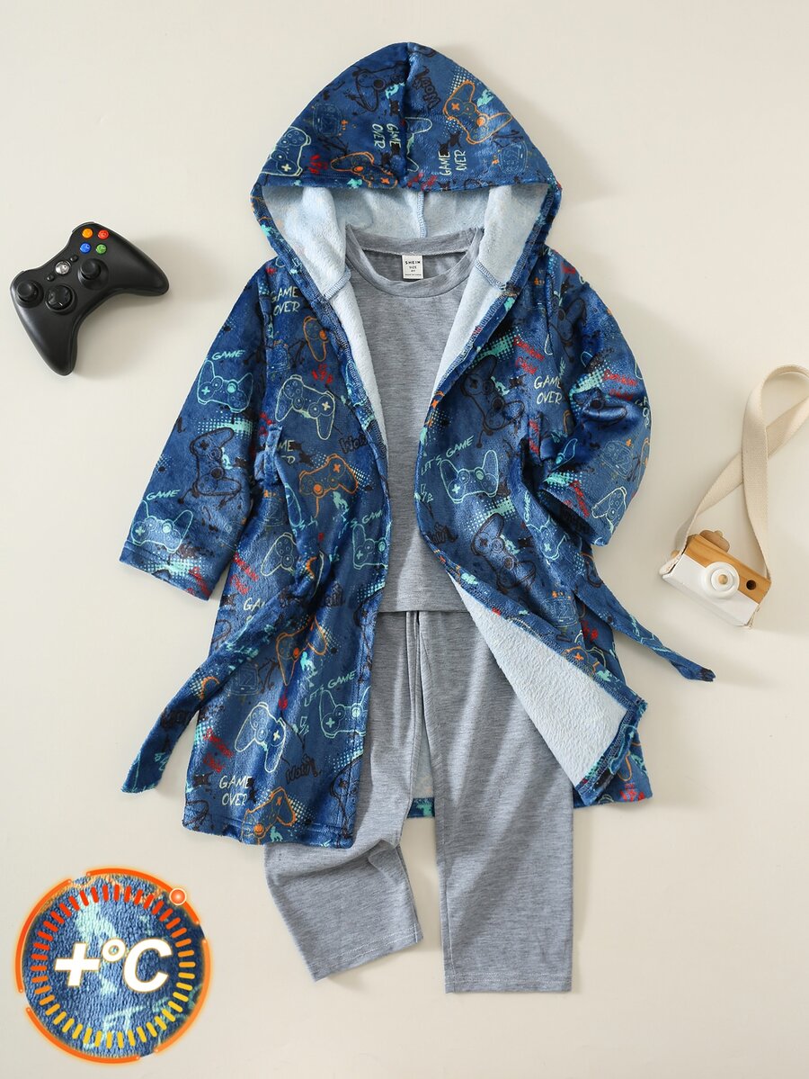SHEIN KidsYoung Boy Game Console Pattern Fleece Lined Thick Hooded Long Sleeve Drawstring Robe Young Boy Loungewear Bathrobe - Multicolor - View 1