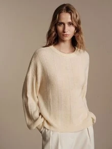 Anewsta Essential Autumn/Winter Soft Nordic Round Neck Drop Shoulder Loose Beige Fuzzy Knit Sweater - White - View 3
