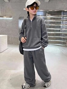 SHEIN 2pcs Kids Tween Boy Stand Collar Sweatshirt & Sweatpants Casual Versatile Two Pieces Set, Suitable For Autumn/Winter Casual Sports, Outings, School Occasions Tracksuit - Grey - View 5