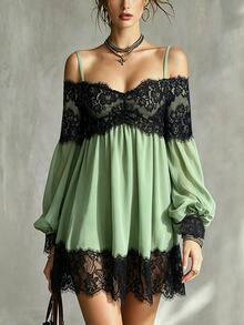Glimmora Women's Green Contrast Lace Cami Short Dress - Green - View 2