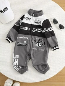 SHEIN Newborn Baby Boy Autumn Winter Sports Casual Colorblock Blue Letter Print Pattern Long Sleeve Romper Racing Romper Blue Romper Baby Boy Romper - Grey - View 6