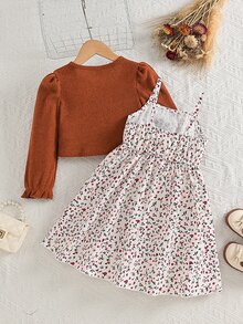 SHEIN Vintaside Kids 2件組少女春/秋休閒棕色毛絨羅紋針織蝴蝶結裝飾長袖開襟外套與碎花可愛優雅時尚收腰細肩帶洋裝裙套裝，適合日常穿著 - 棕色 - 查看 2
