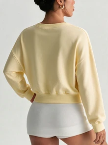 Dewbera Dewbera Women's Solid Color Round Neck Drop Shoulder Long Sleeve Sports Casual Cropped Sweatshirt - Yellow - View 6