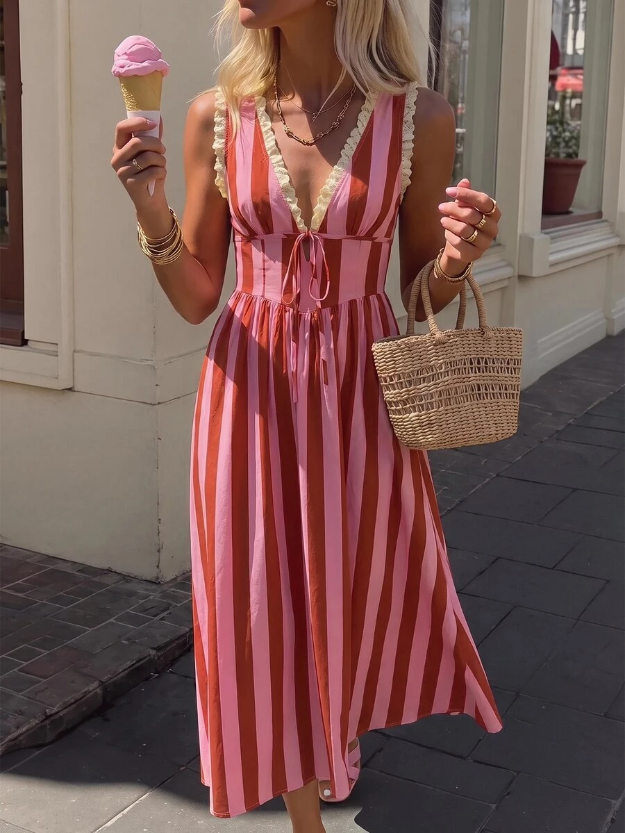 Vivid Eden Women's Frill Trim Deep V-Neck Front Tie Casual Boho Retro Tropical Romantic Sleeveless Midi Dress Brunch Party Vacation Rust Brown Summer - Pink - View 1