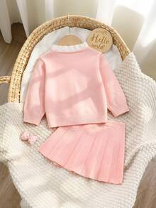 Souflis Souflis Baby Girls' Sweater Set, Stylish Cute Bow Crew Neck Top & Pleated Skirt - Baby Pink - View 2