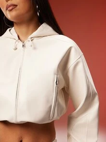 Denimoi Cropped Hooded Faux Leather Fashion Jackets Cold Weather Fall Winter Cool Girl Soho New York - White - View 6