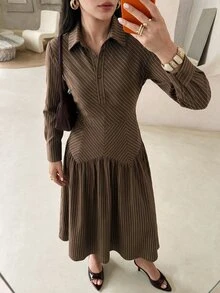 Mulvari Gaun Midi Kasual Wanita Lengan Panjang Bergaris dengan Kancing Setengah Plaket - Coffee Brown - View 6