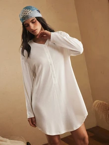 Lullawish Women's Knitted Jacquard Long Sleeve Nightgown - White - View 3