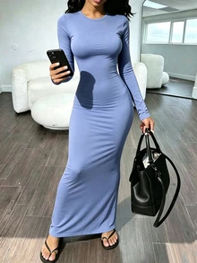 INAWLY Solva 女款素色圓領長袖修身優雅洋裝 - 藍色 - 查看 3