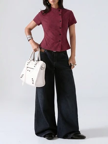 LYSMO Women's Plaid Casual Versatile Daily Wear Shirt - Red and Black - View 4