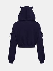 SHEIN Girlism 兒童青少年女孩秋冬萬聖節時尚街頭風黑色貓耳連帽長袖抽繩套頭運動衫 - 藍色 - 查看 6