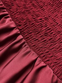 Elenzga Plus Size Elegant Satin Square Neck Cinched Waist Slit Long Sleeve Pleated Evening Gown Dress Fall - Burgundy - View 7