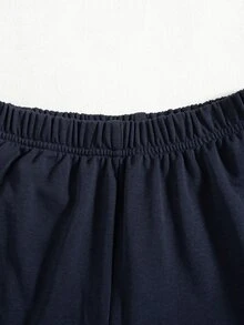 SHEIN 女童休閒時尚針織純色前胸圖案印花雙口袋長袖連帽拉鍊外套與純色針織圖案印花長褲舒適兩件套 - 藏蓝色 - 查看 5