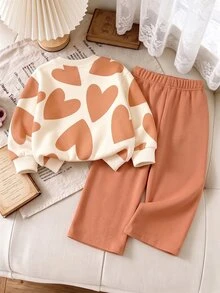2pcs Young Girls Casual Fashion Sweet Cute Heart Pattern LOVE Print Crew Neck Long Sleeve Fleece Pullover Sweatshirt And Matching Wide Leg Sweatpants Set, Suitable For Autumn/Winter Wear - Multicolor - View 2