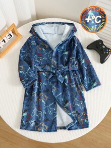 SHEIN KidsYoung Boy Game Console Pattern Fleece Lined Thick Hooded Long Sleeve Drawstring Robe Young Boy Loungewear Bathrobe - Multicolor - View 3
