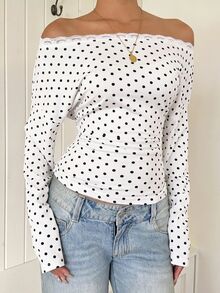SHEIN EZwear 女款波點印花蕾絲拼接露肩上衣 - 白色 - 查看 7