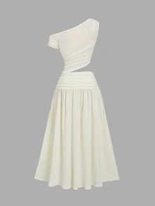 Sweetra French Style Hollow Out Asymmetrical Shoulder Cutout Waist Dress - Apricot - View 2