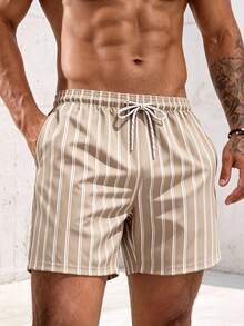 Manfinity KASUA Men's Vacation Drawstring Waist Striped Pocket Beach Shorts - Apricot - View 3