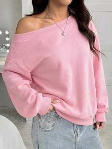 SHEIN EZwear 女款黑色寬鬆不對稱肩領保暖內裡運動衫，秋冬款 - 粉色 - 查看 6