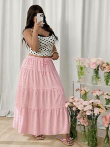 GalTyme Pink Casual Plus Size Women's Waist Tie Ruffle Hem Skirt - Pink - View 7