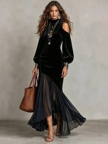 LUMIGAL Fall/Winter New Velvet High Neck Open Shoulder Puff Patchwork Chiffon Asymmetrical Fishtail Dress - Black - View 5