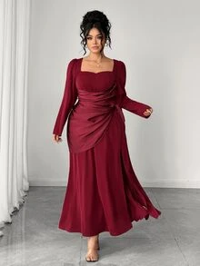 Elenzga Plus Size Elegant Satin Square Neck Cinched Waist Slit Long Sleeve Pleated Evening Gown Dress Fall - Burgundy - View 1